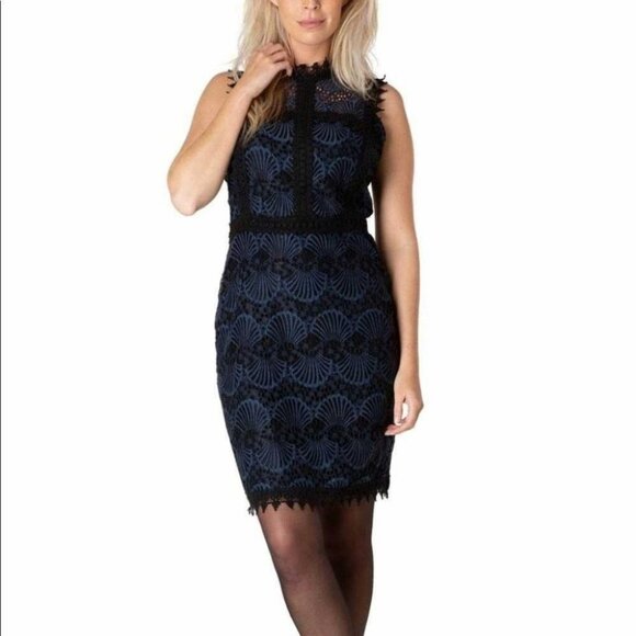 YEST Netherlands NWT crochet black blue peacock high neck fitted midi dress 8 - Picture 16 of 16